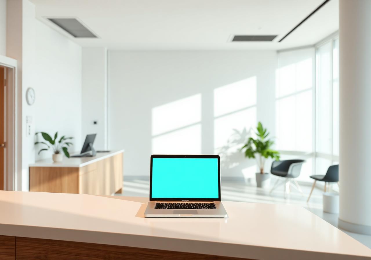 Modern Australian clinic reception with laptop and natural daylight